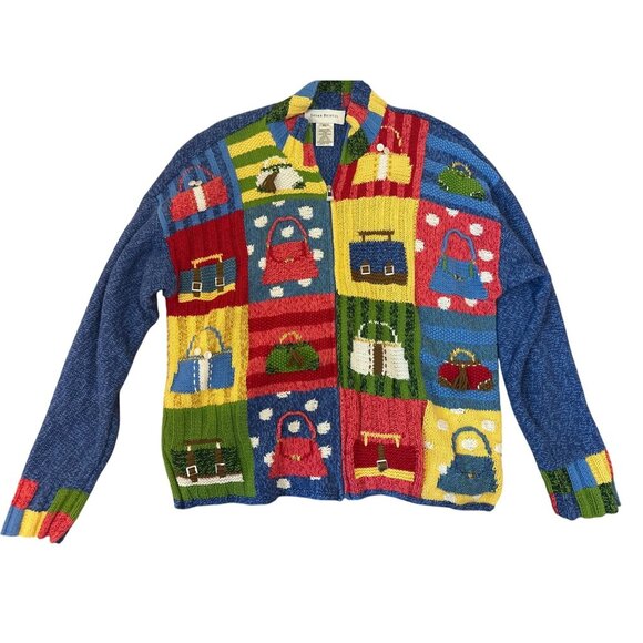 VTG Susan Bristol XL Hand Knit Cardigan Sweater With Colorful Purse Pattern - Picture 1 of 5